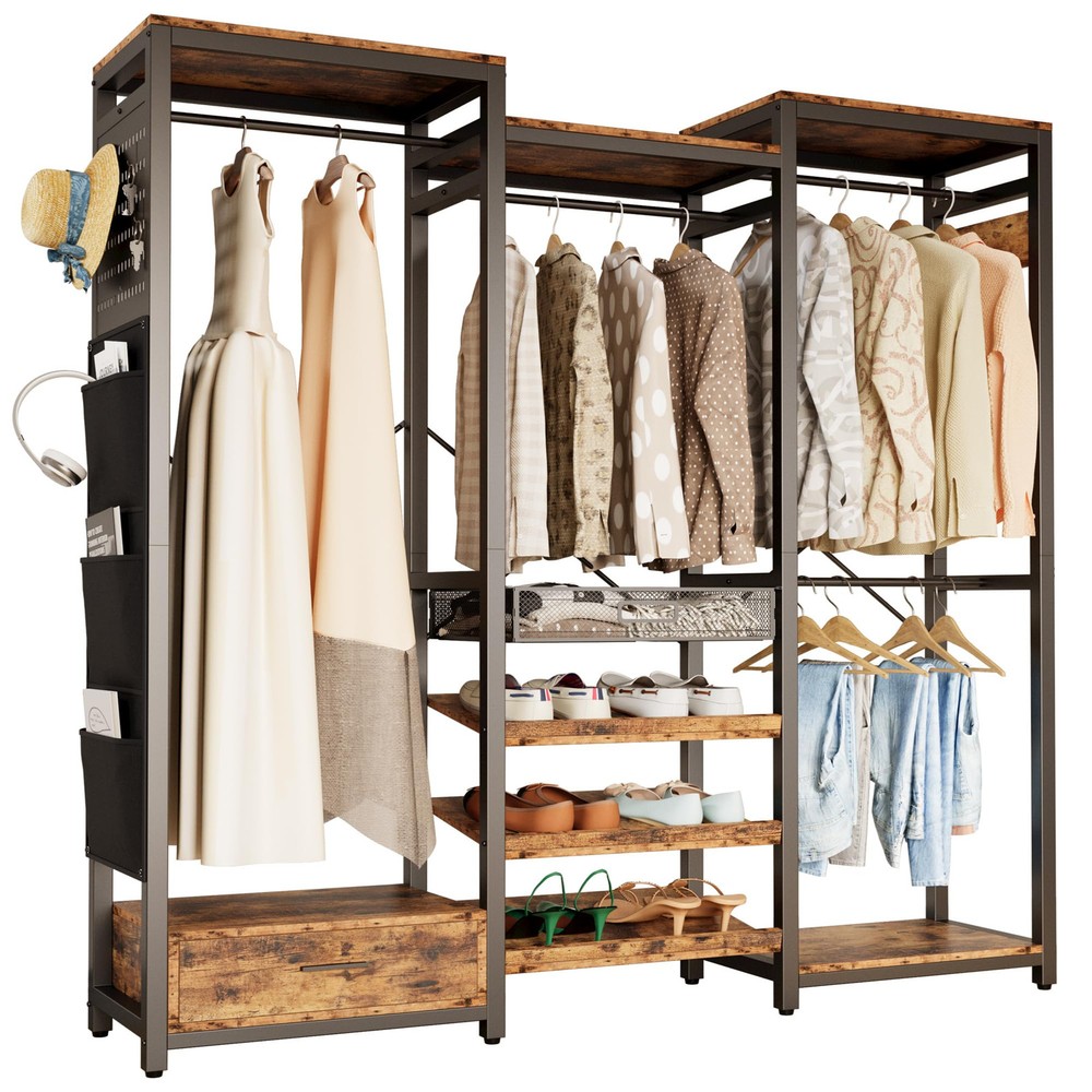 IRONCK Clothes Rack with 3 tier Shelves for Shoes & 2 Drawers, Heavy Duty Gar...