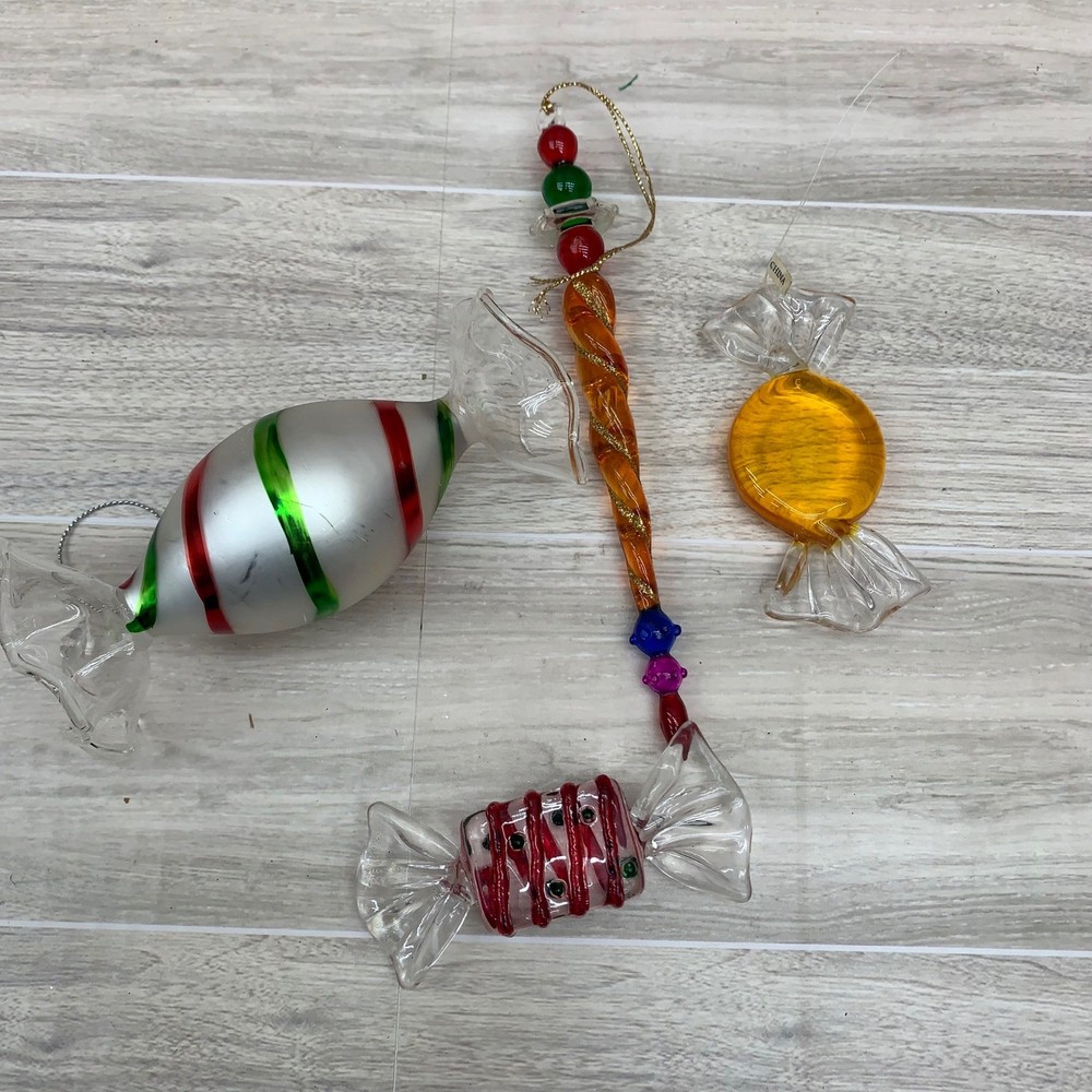 VTG Candy Christmas Ornaments Set of 4 Red Green Icicle Swirl Holiday Decor