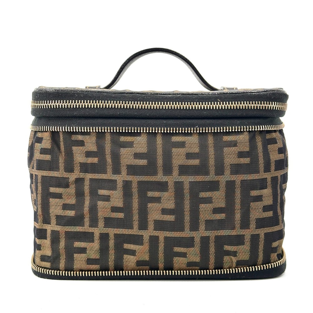 FENDI Zucca Vanity Bag Hand Bag Nylon PVC Leather Brown Authentic