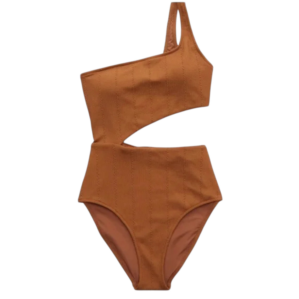 AERIE ONE PIECE Swim Suit BROWN CRINKLE RIBBED Cut-Out Open Side 1-Shoulder XL
