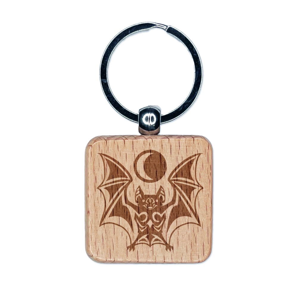 Runic Tribal Vampire Bat with Moon Engraved Wood Square Keychain Tag Charm