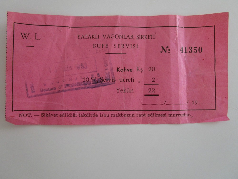 Wagons-Lits Sleeping Car Schlafwagen Buffet Service Coffee receipt Turkey 1953