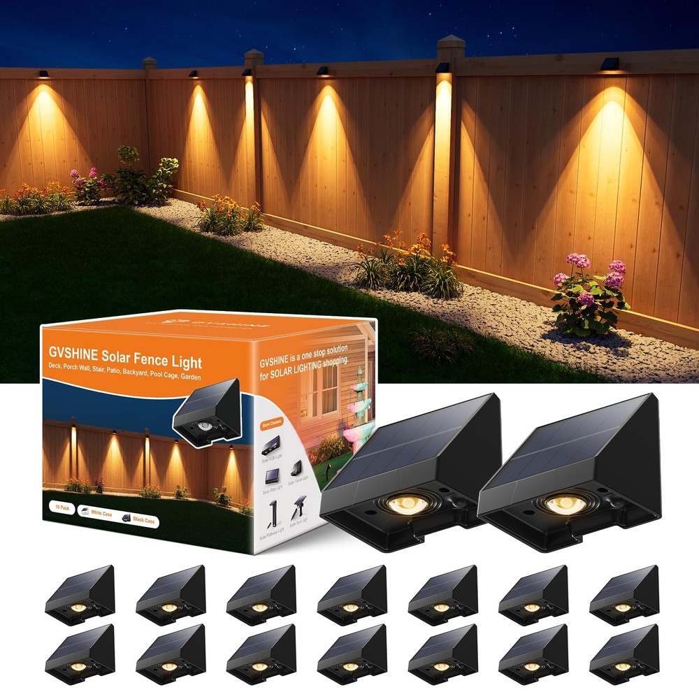 16 Pack Decoration Solar Powered Fence Lamps Outdoor Waterproof with Warm Whi...