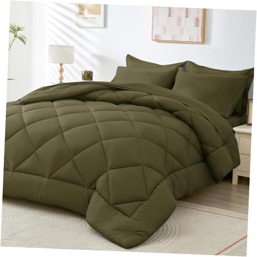 7 Pieces Comforter Set, All Season Reversible Bed in a Bag Queen Olive Green