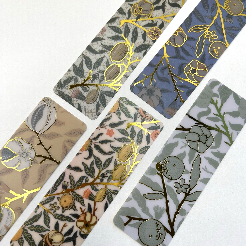 5 William Morris Bookmarks Fruit and Flower Designs with Gold Accents