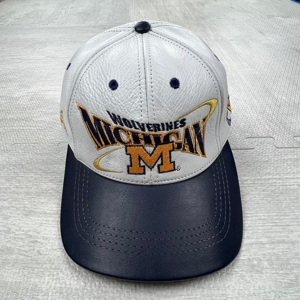 Vintage 80s Michigan Wolverines Leather Snapback Hat White Blue NCAA College