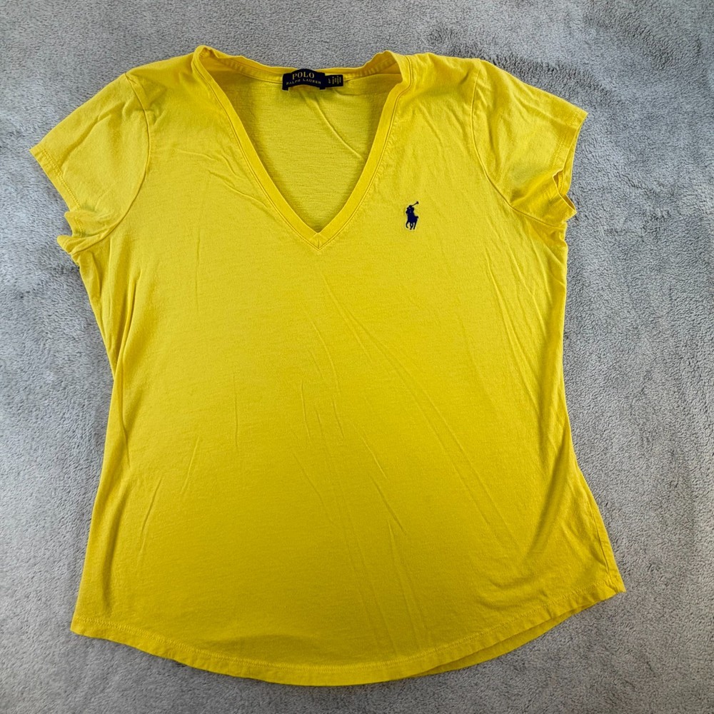 Polo Ralph Lauren Women’s Yellow V-Neck T-Shirt Logo Tee Size Large