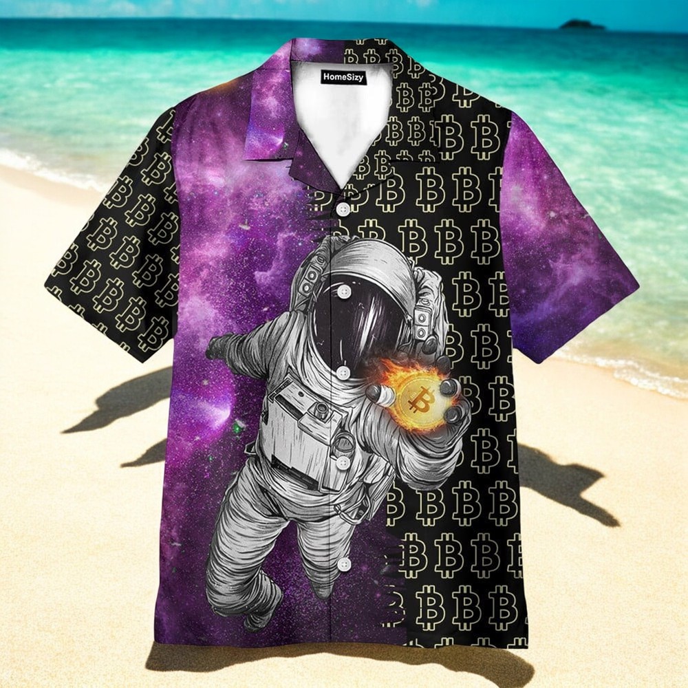 Men’s Galaxy Hawaiian Shirt with Astronaut and Bitcoin Design in US Sizes