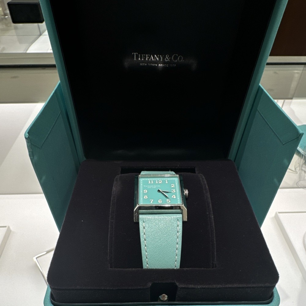 Tiffany & Co. Square Stainless Steel Wristwatch Turquoise Leather Swiss 5 A…