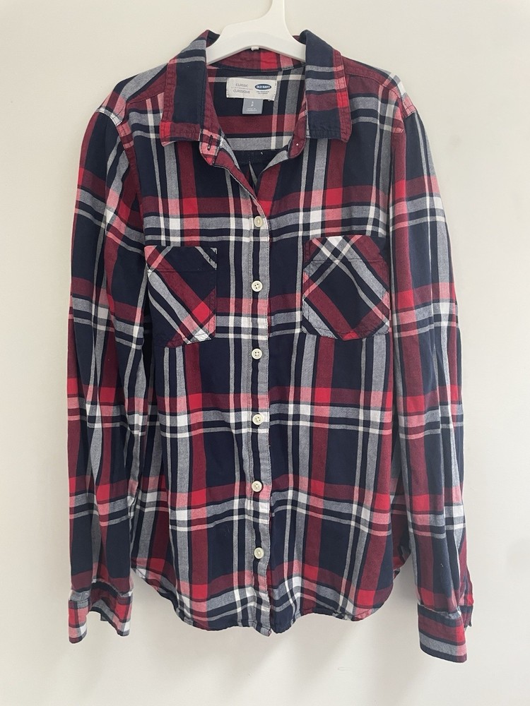 Old Navy Kids Boys Classic Flannel Plaid Button-Up Long Sleeve Shirt Navy Red S