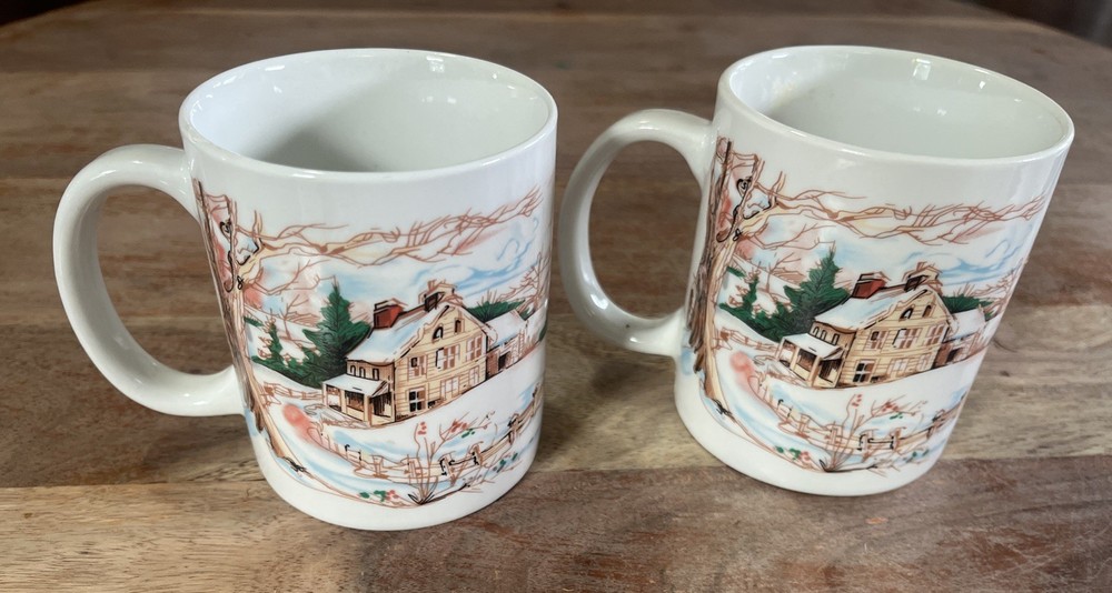2 - Houston Foods 1988 Vintage Christmas Rustic Scene Snow Cardinal Coffee Mug