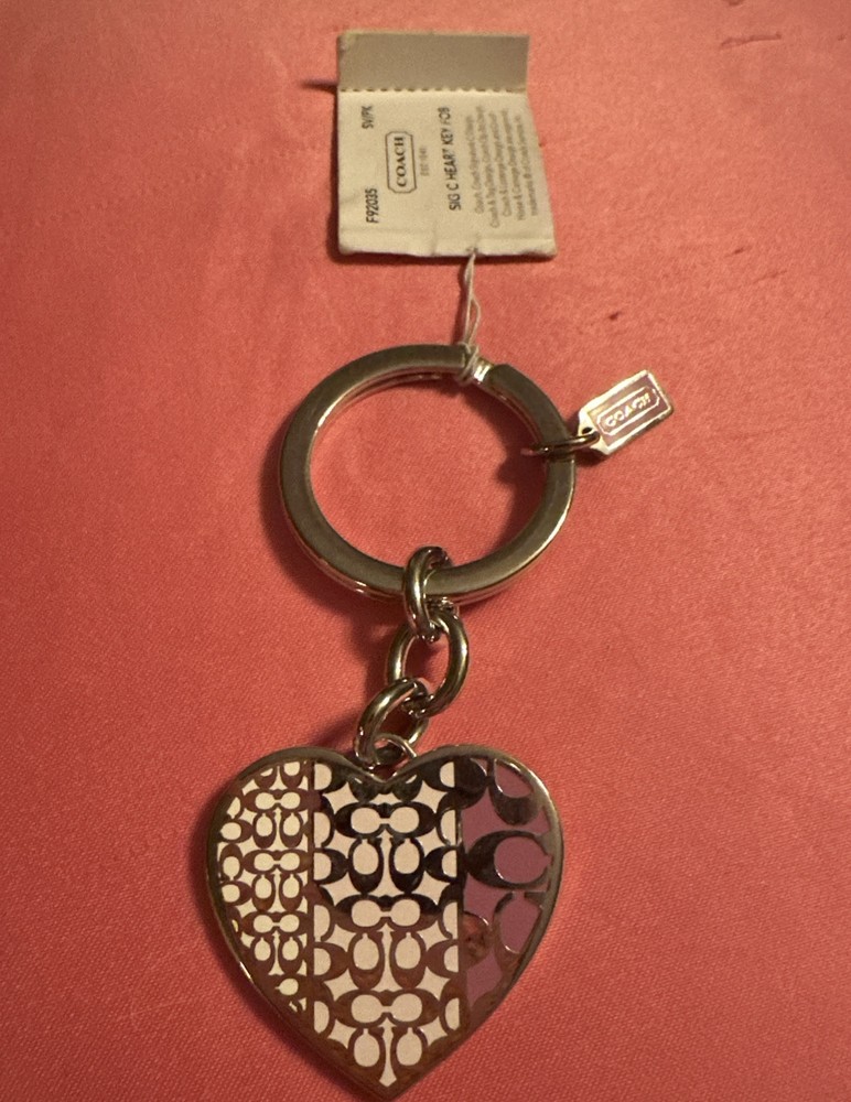 Coach Heart Keychain Silver Pink Emblem Monogram NWT