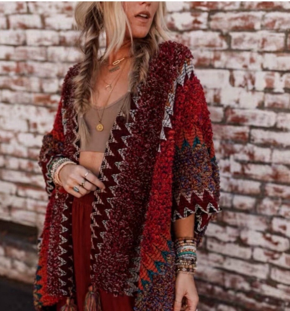 XL New Boho Hippie Yarn Knit Tasseled Red Cardigan Sweater Robe Womens XLARGE OS