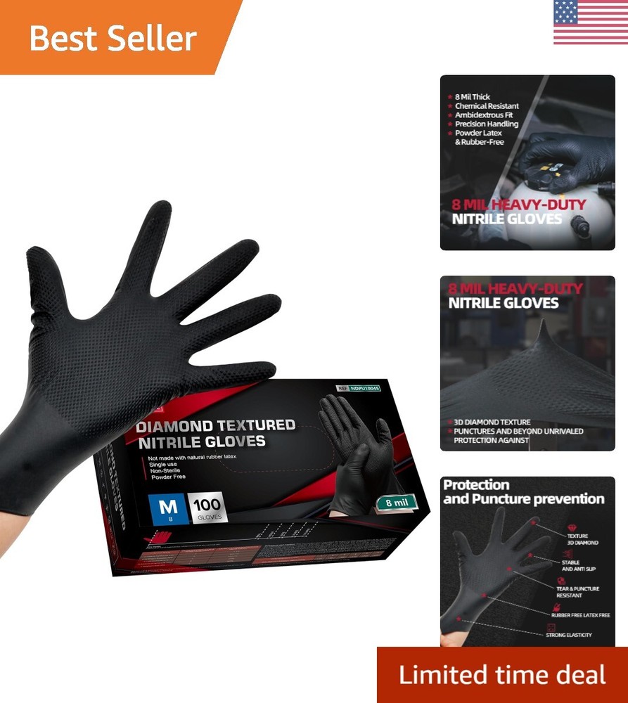 Heavy Duty 8 Mil Black Nitrile Gloves - Medium, 100 Count
