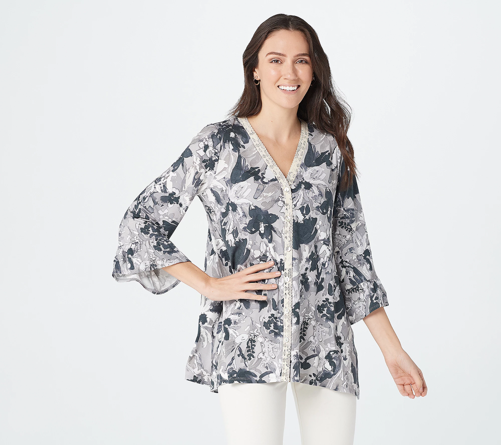 Lori Goldstein LOGO Print Rayon Cardigan with Lace Ruffles Multi L