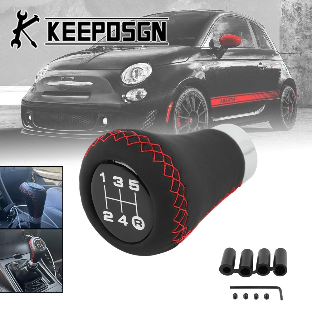 For Fiat 500 Manual Car Gear Shift Knob Replacement 5 Speed Black Red Leather