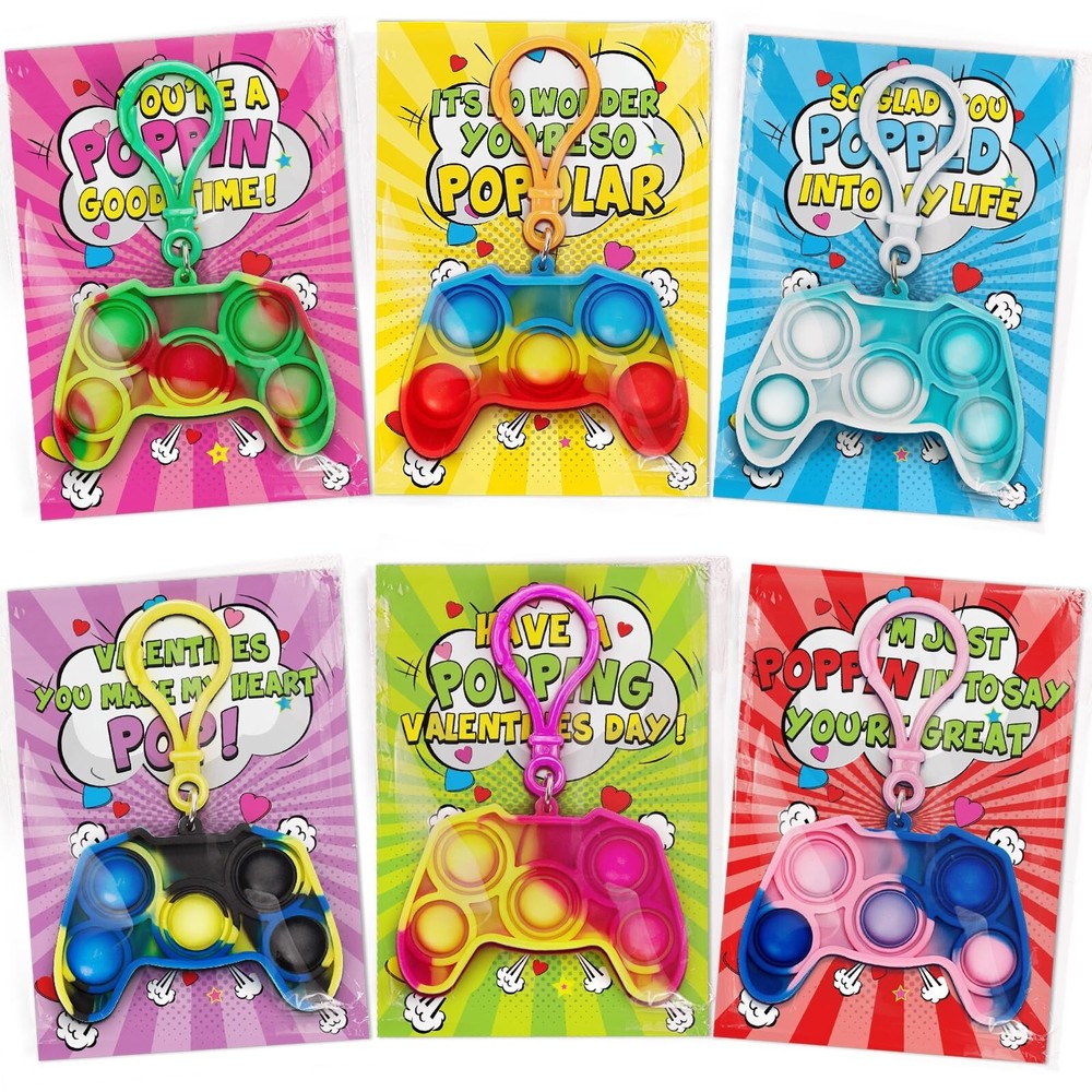 Jumlys Valentines Cards for Kids Classroom, 24 Pack Game Shape Pop Fidget Key...