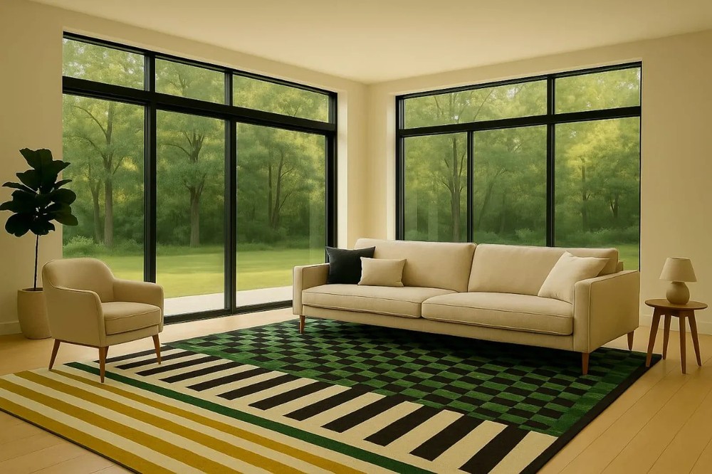 New modern Hand Tufted Area Rug – Checkerboard Design Bold Stripes Living room