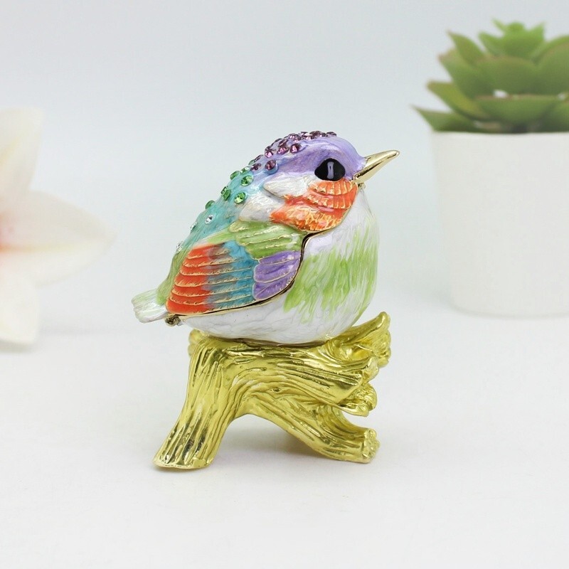 Hand-Painted Enamel Bird Box Alloy Jewelry Storage Box Songbird Decorative