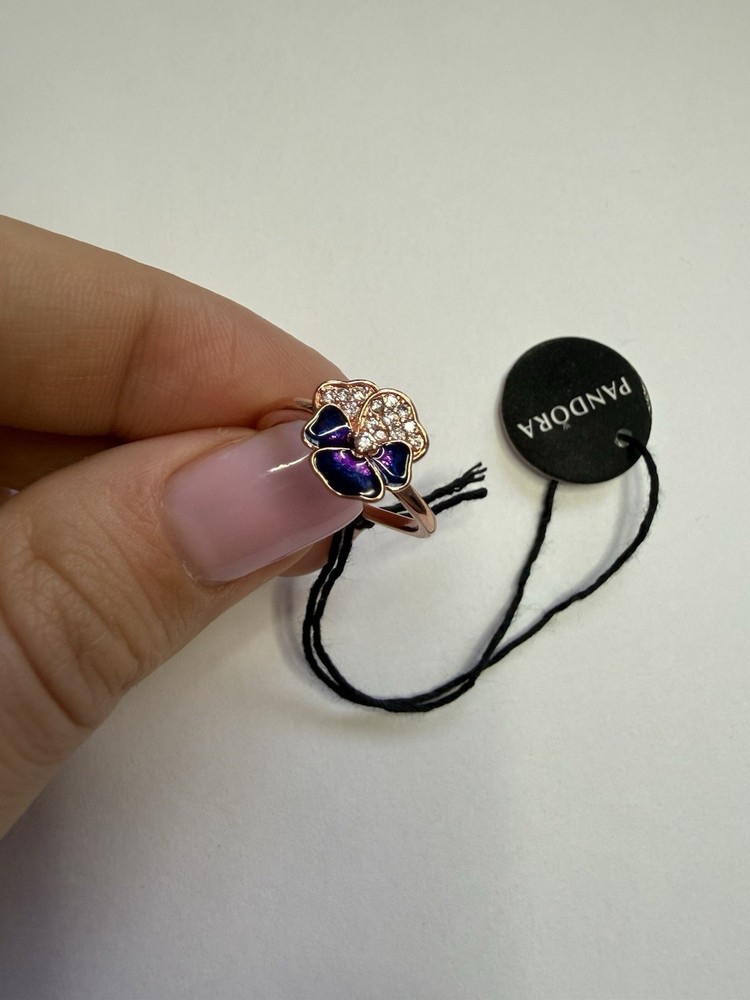 Pandora Deep Purple Pansy Flower Enamel & CZ Ring Size 6