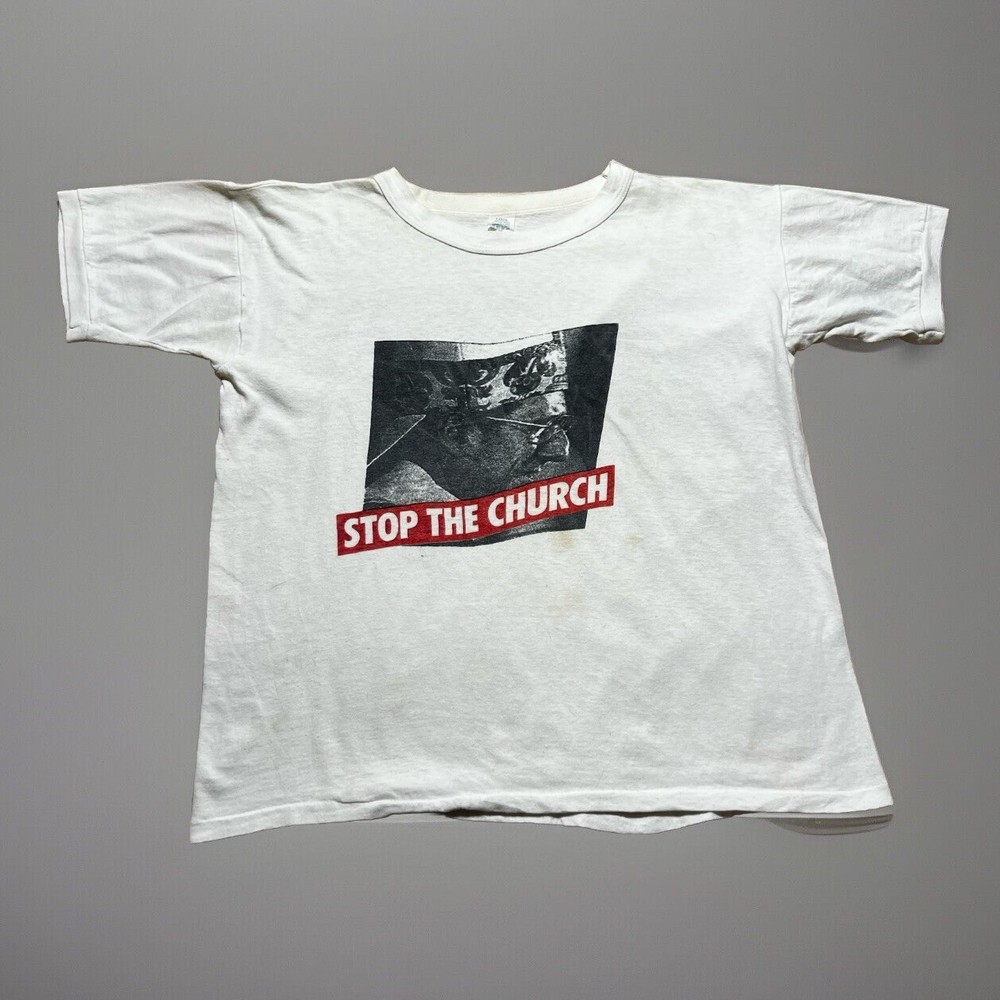 Vintage 80s “Stop The Church” WHAM Act Up Safe Sex Protest Pope Shirt Medium