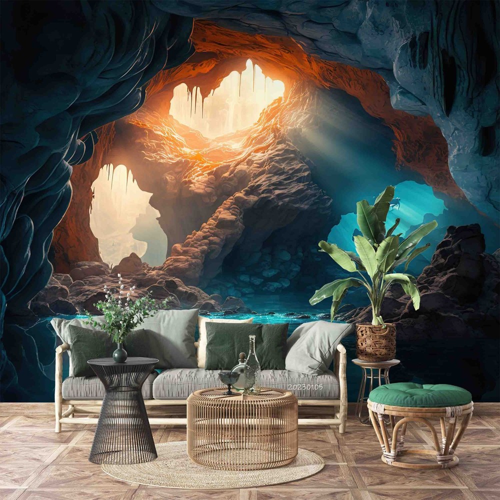 3D Rocks Cave River Illustration Wall Murals Wallpaper Murals Wall Sticker