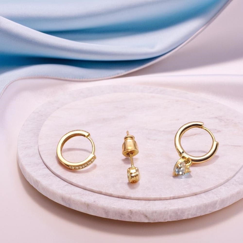 Cubic Zirconia 3Pcs Gold Earrings Set, Classic Stud & Hoop Earring, Fashion Gift