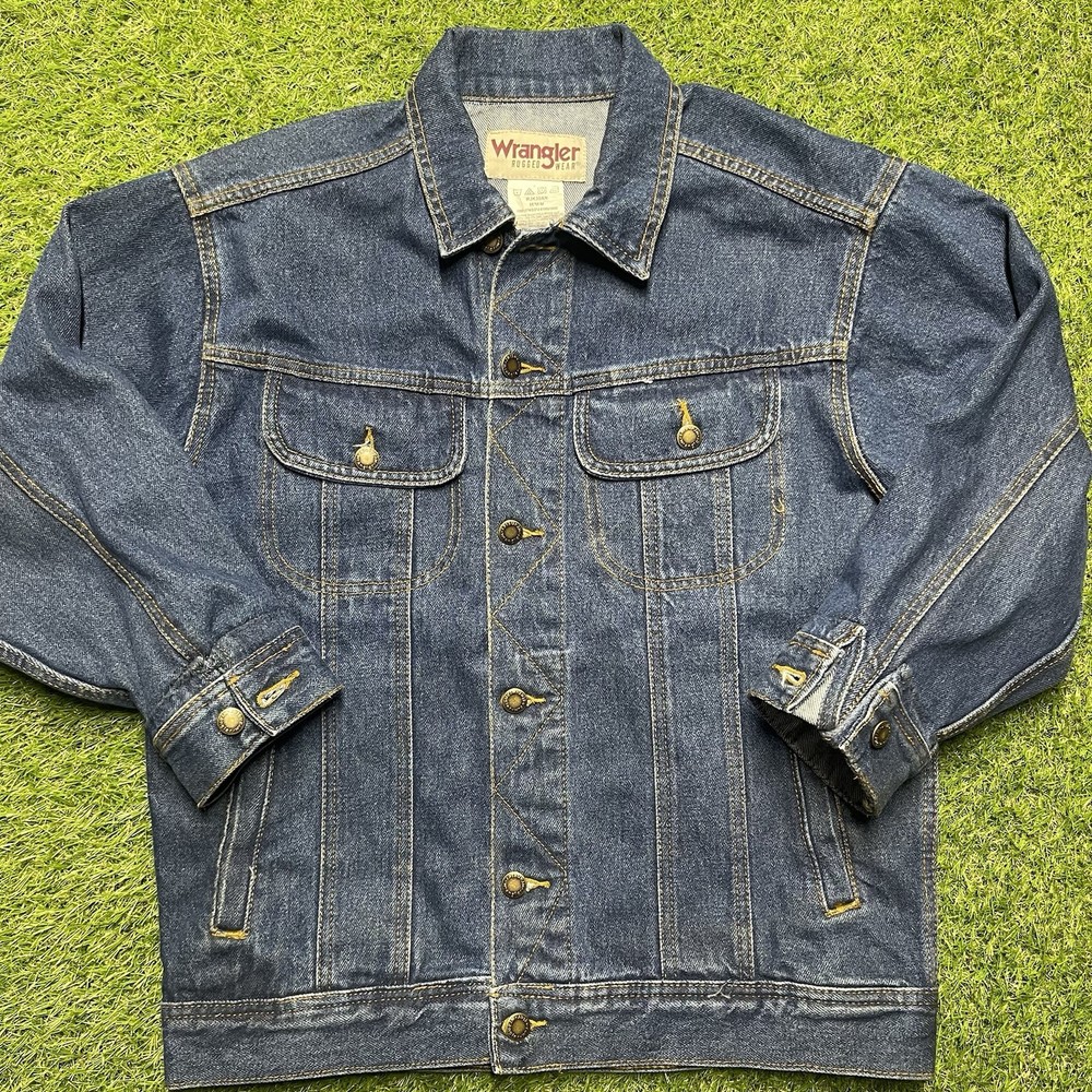 Vintage 90s Wrangler Rugged Wear Dark Wash Blue Denim Trucker Jacket Size M Read