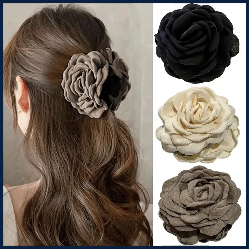 French Fabric Rose Flower Hair Claw Clips For Women Girls Hair Clip Barrette