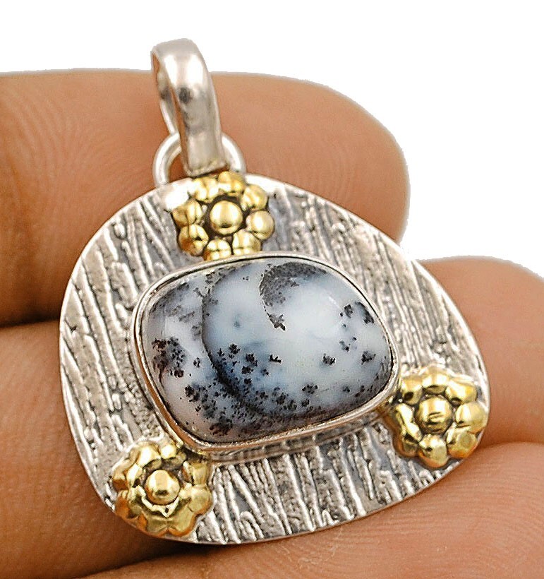 Natural Two Tone-Natural Winter Dendrite Opal 925 Sterling Silver Pendant