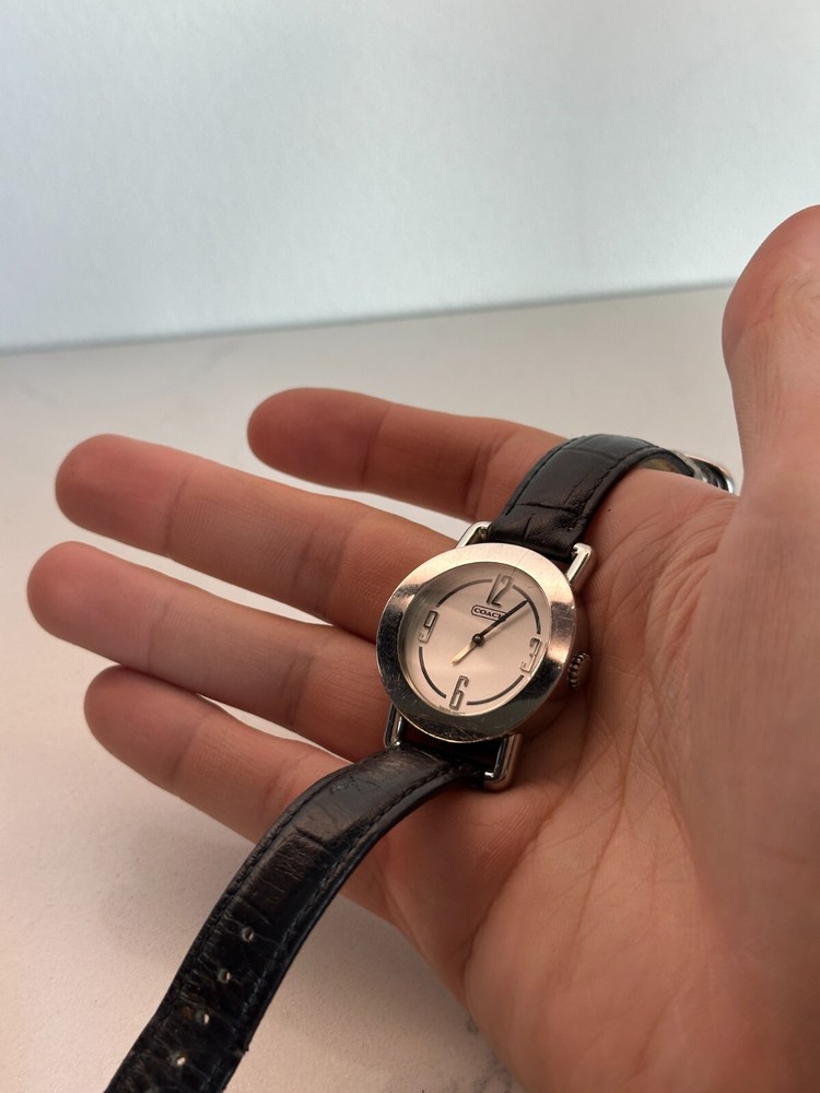 Authentic Coach Women's Watch - Solver-Tone Case, Black Leather Strap