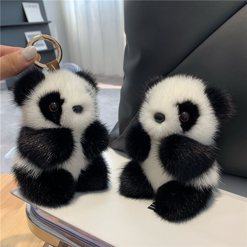 Adorable Panda Keychain 13cm Plush Faux Mink Fur Car Keys Cute Bag Charm Gift