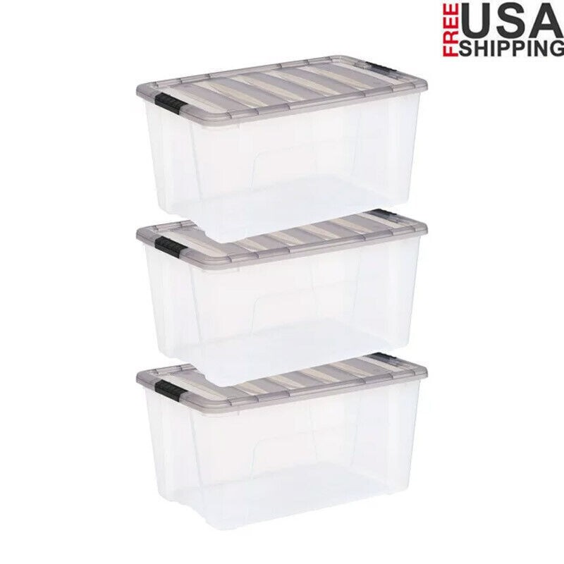 Storage Box W/ Gray Lid 72 Quart Stack & Pull Set Of 3 Living Room Organizers US