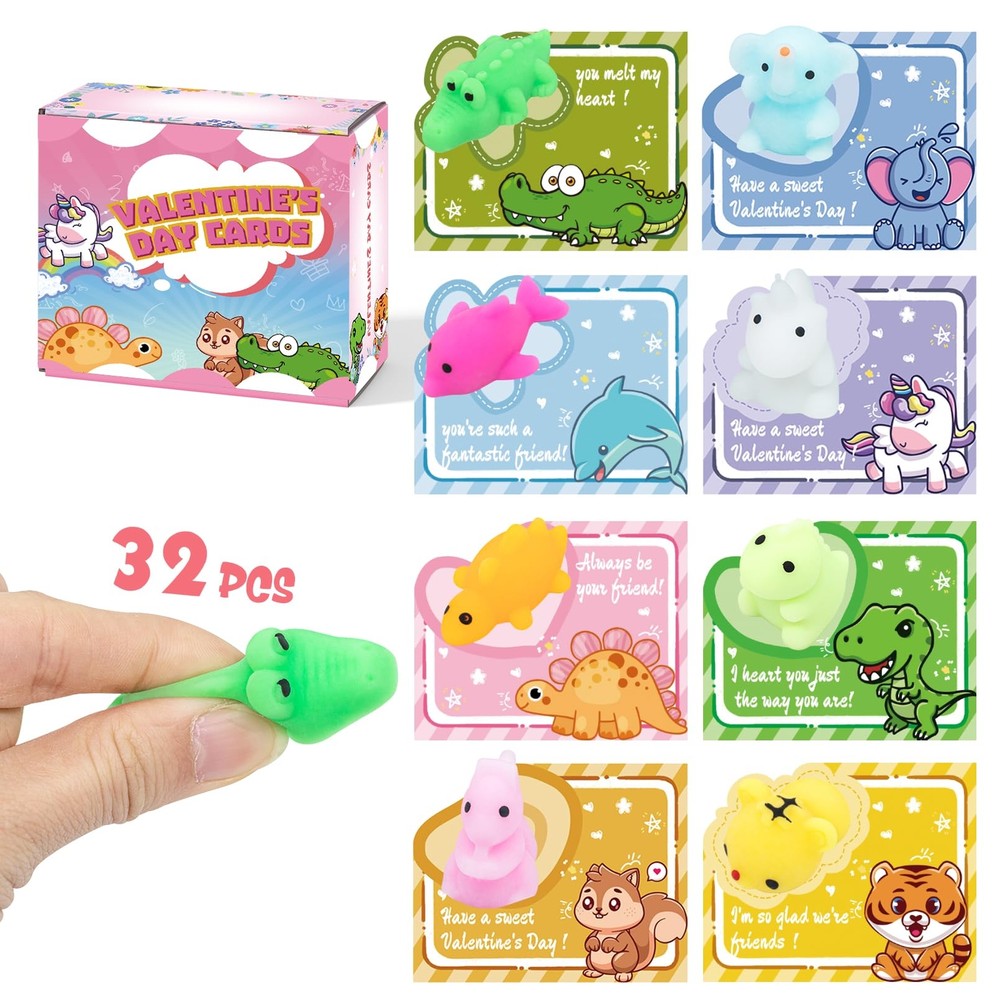 Valentine Cards for Kids Classroom 32 Packs, Animal Theme Squishy Toy with Mi...