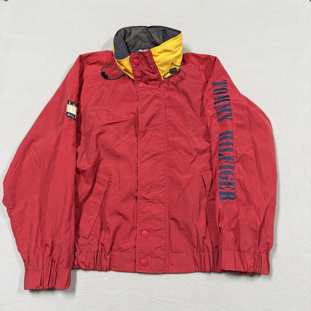 Vintage Tommy Hilfiger Jacket Mens Large Red Hooded Spell Out Windbreaker 90s