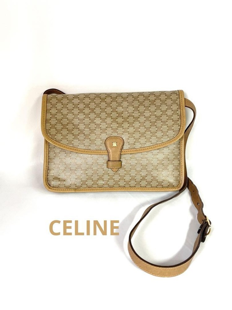 Vintage Celine Macadam Beige PVC Shoulder Bag Authentic