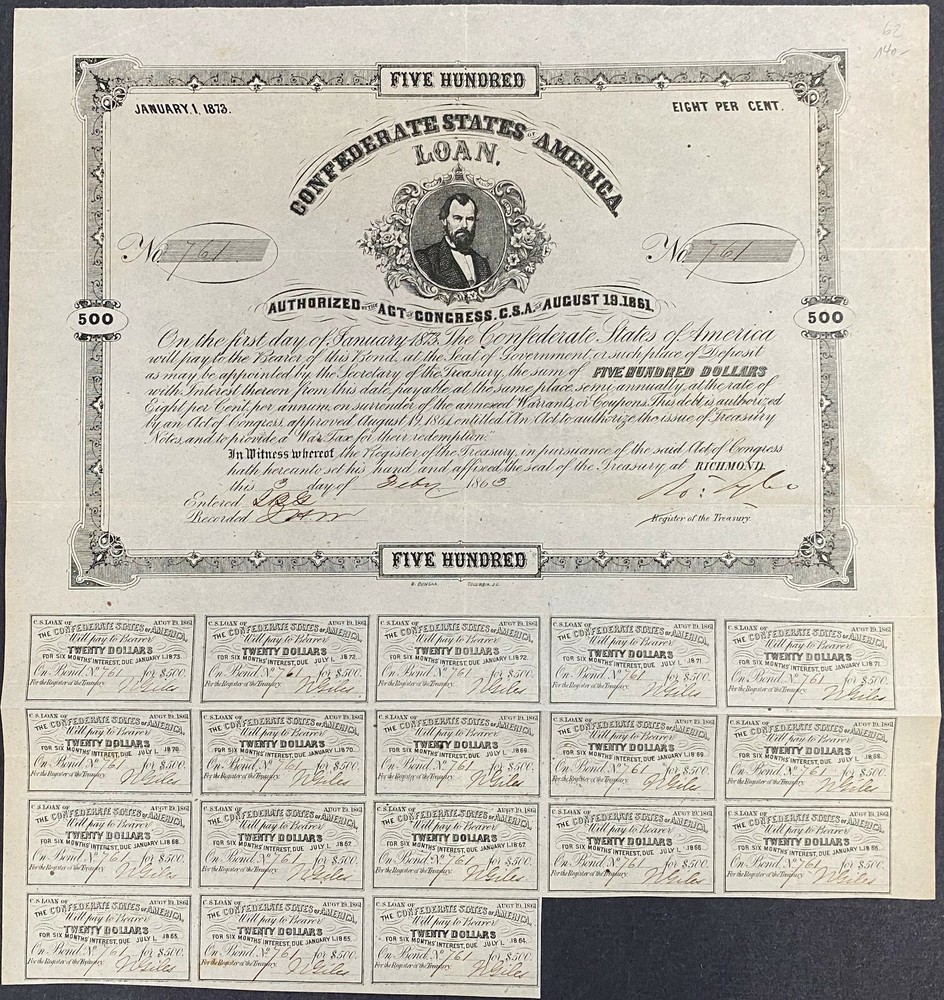 $500 Confederate States Coupon Bond - Criswell 62, Ball 77 Civil War Era Collectible-image