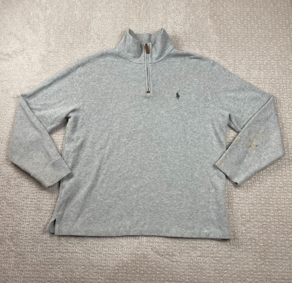 Polo Ralph Lauren Sweater Mens Large Gray Knit 1/4 Zip Pullover Preppy Scholarly