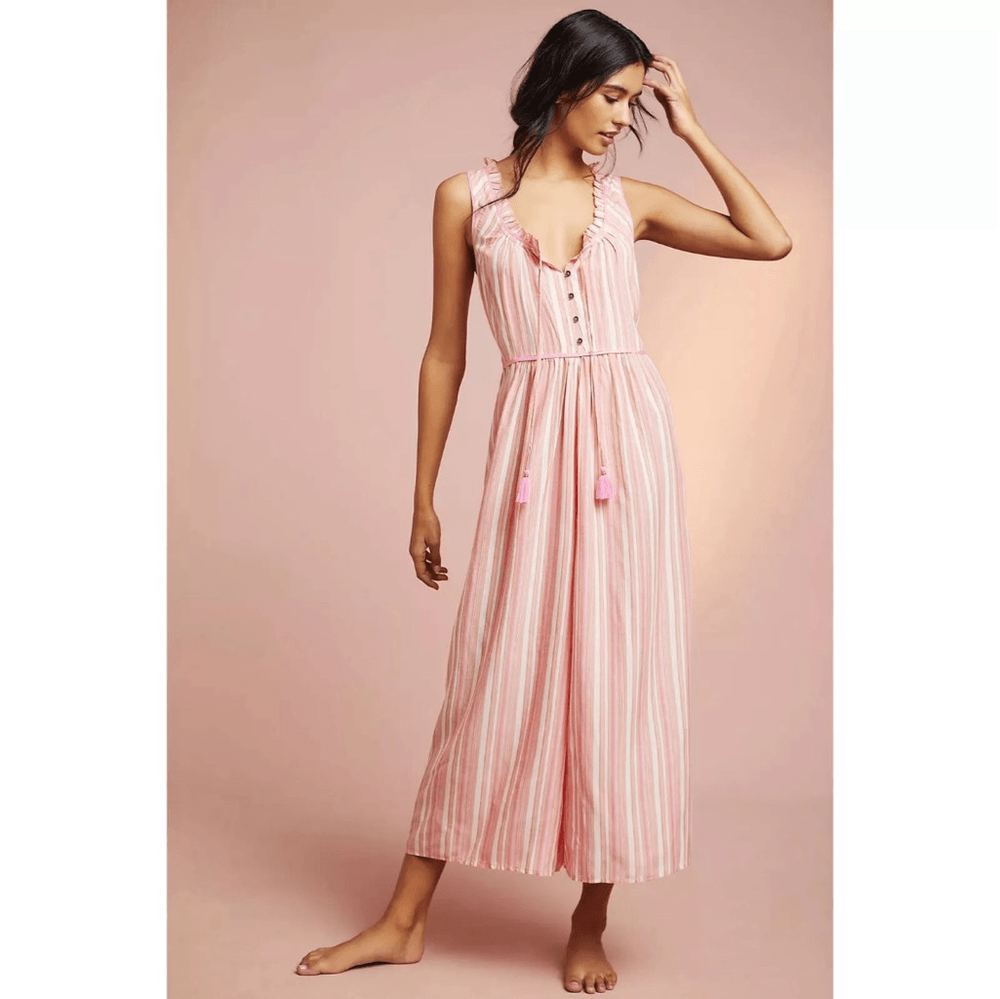 Anthropologie Visayas pink striped sleeveless XS ruffled jumpsuit