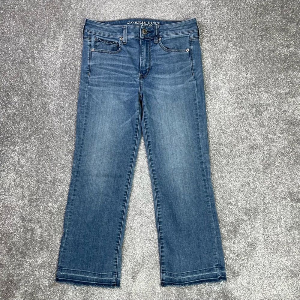 American Eagle Jeans Women's 6 Blue High Rise Kick Crop Stretch Frayed Hem