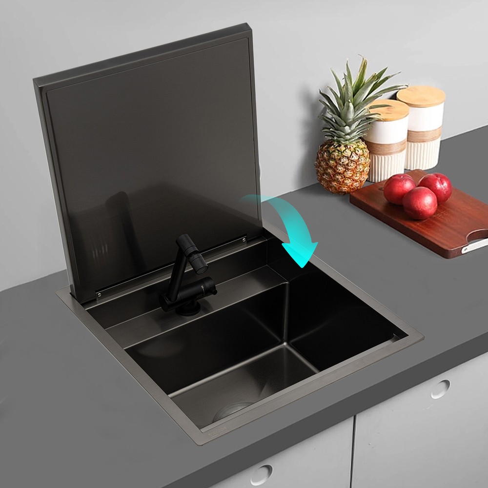 Hidden Kitchen Sink Single Bowl Stainless Steel with Folding Faucet