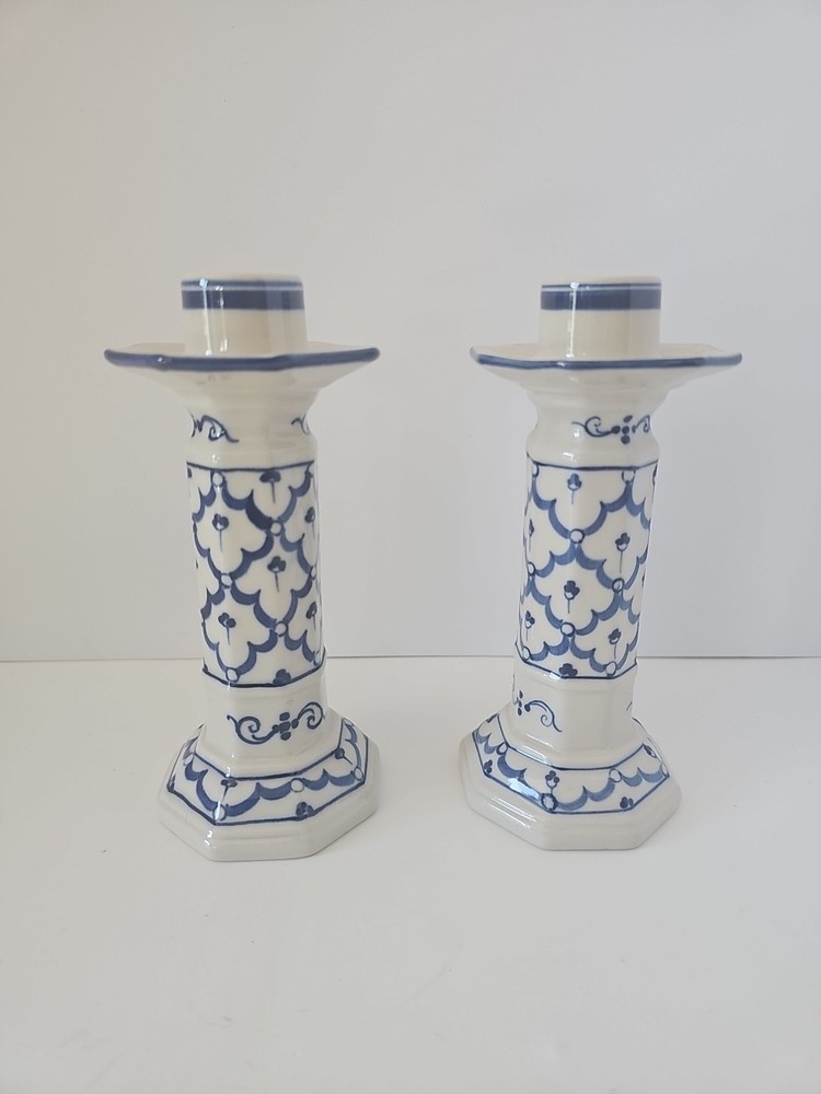 Vintage Blue & W Chinoiserie Ceramic Candlesticks. Handcrafted In Thailand L14
