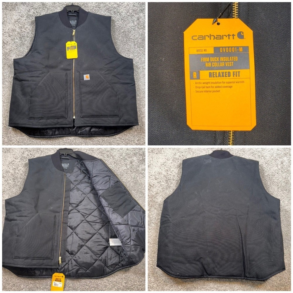 Carhartt Firm Duck Insulated Rib Collar Canvas Full Zip Vest Mens Black 2XL NEW