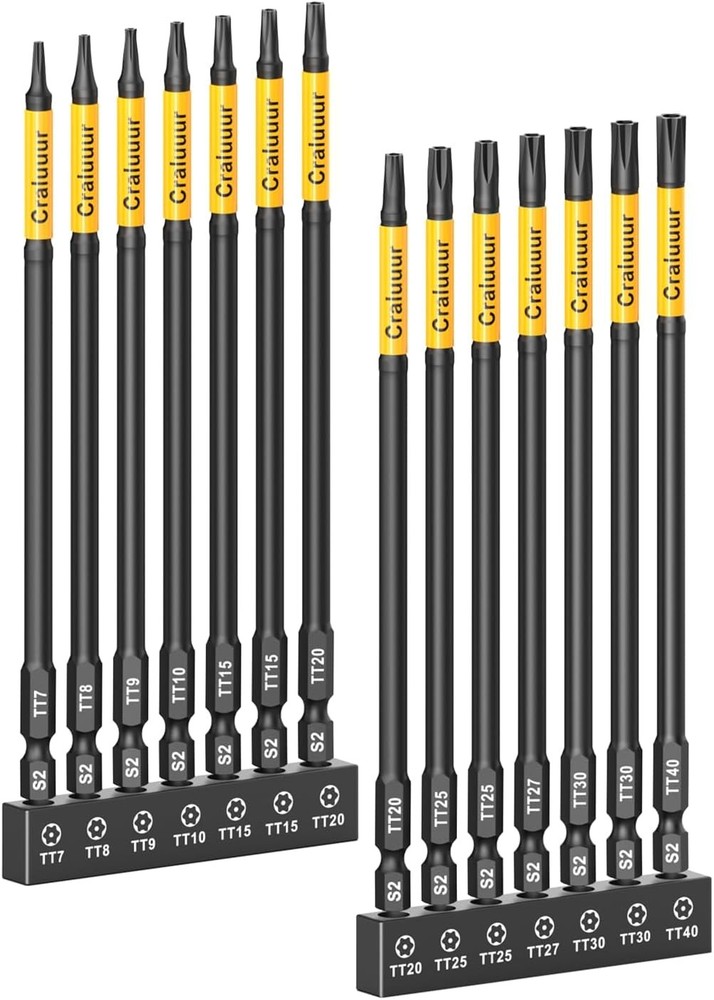 14PCS Impact Long Torx Bit Set, 6-Inch, T7–T40, Tamper Proof Star Bits Set, Magn