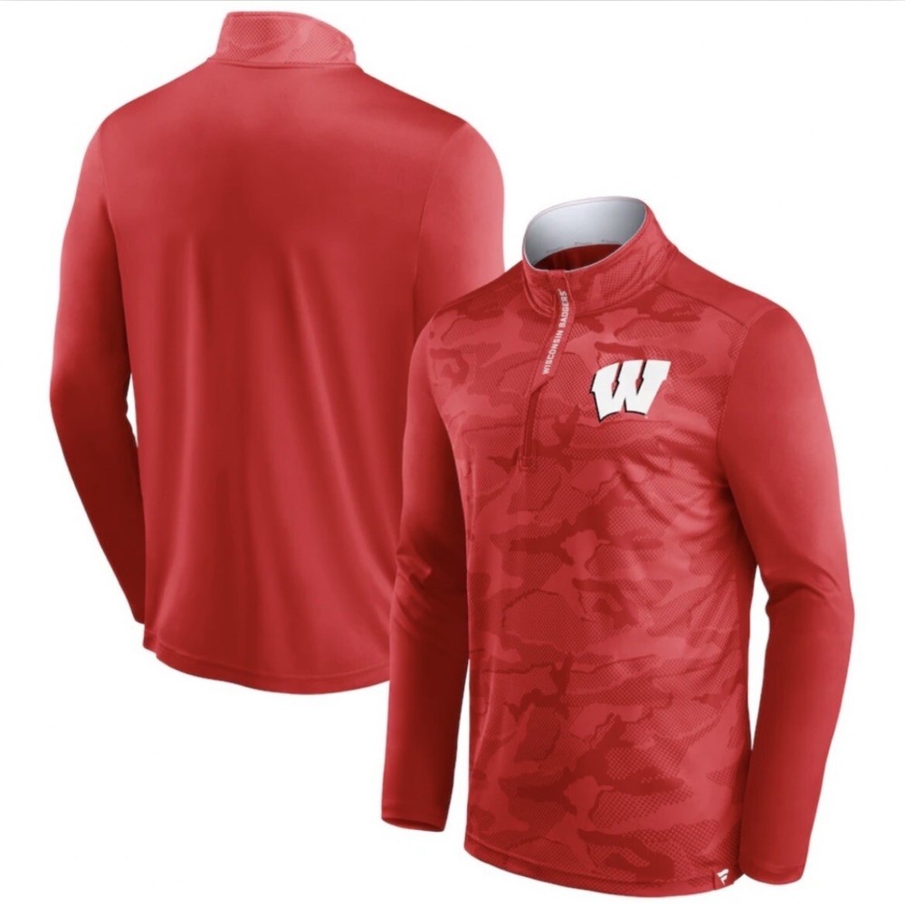 Fanatics NCAA Wisconsin Camo Jacquard Red 1/4 Zip Jacket Lightweight Mens Size M