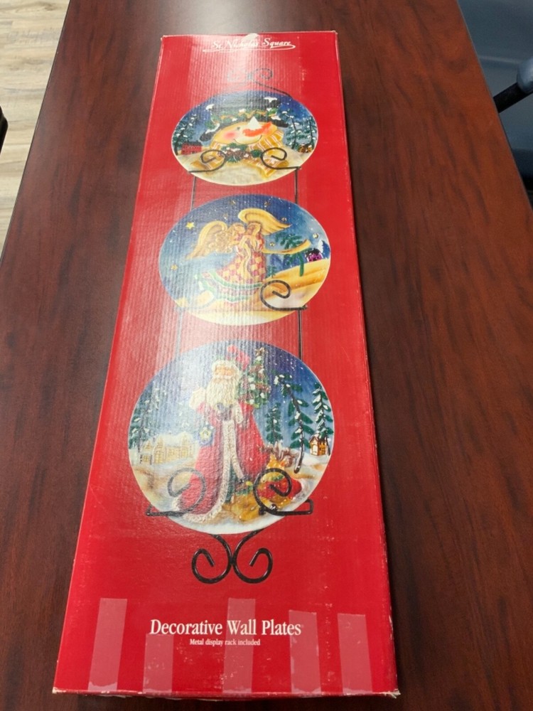 St Nicholas Square Holiday Wall Decorative Plates with Display Rack for Festive Home Decor