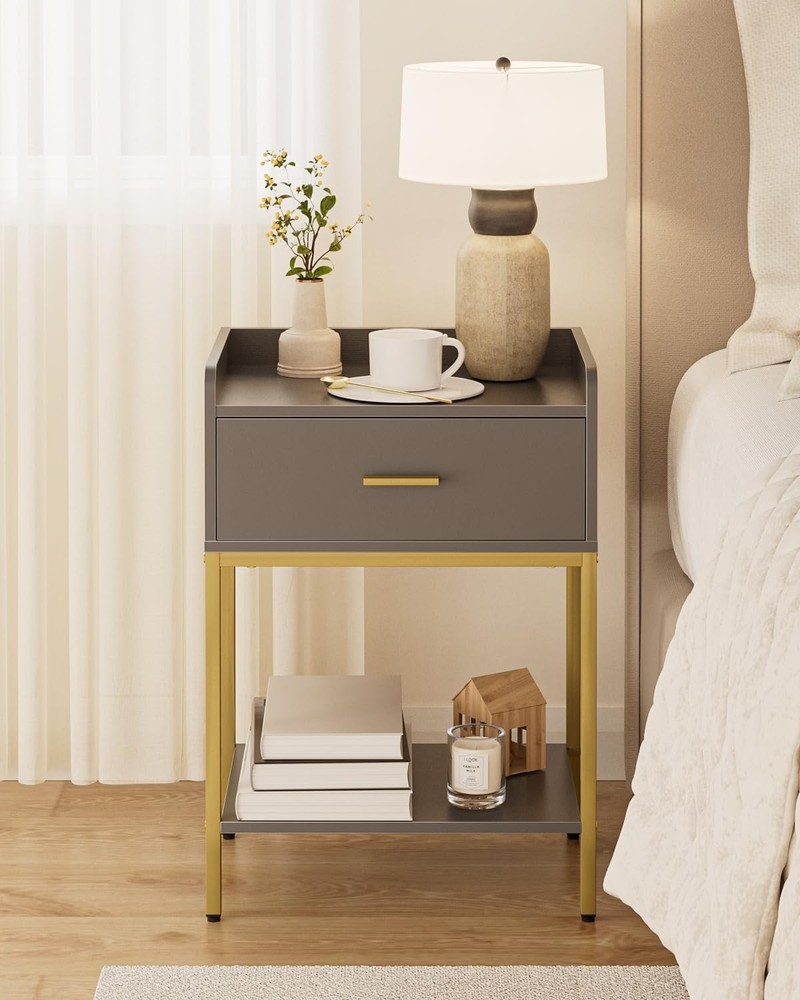 Modern 3-Tier Grey Nightstand with Storage Drawer for Bedroom