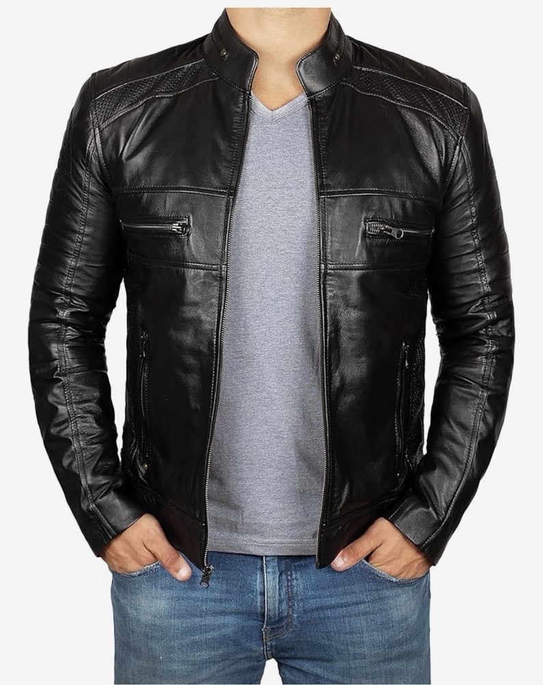 Decrum Cafe Racer Heavyweight Stand-Up Collar Zip Biker Jacket Men Black