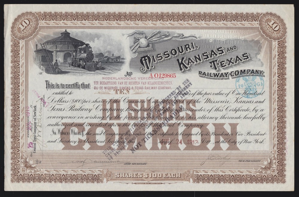 Rare 1913 Missouri Kansas Texas Railway Co Stock Certificate for 10 Common Shares US