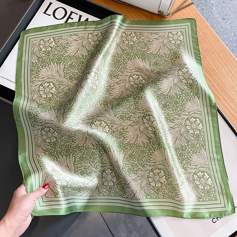 100% Pure Silk Floral Square Scarf for Women 21x21 Inches Green Fashion Neck Kerchief